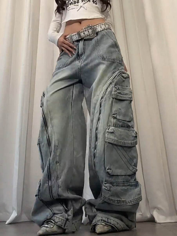 Washed multi pocket workwear jeans women's street straight leg loose wide leg pants - OFEBHS.PT