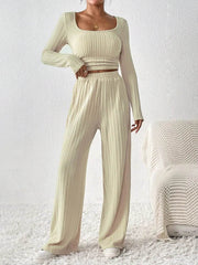 Scoop Neck Long Sleeve Top and Pants Set - OFEBHS.PT