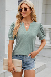 Solid color V-neck bubble sleeve short sleeved loose T-shirt top for women - OFEBHS.PT