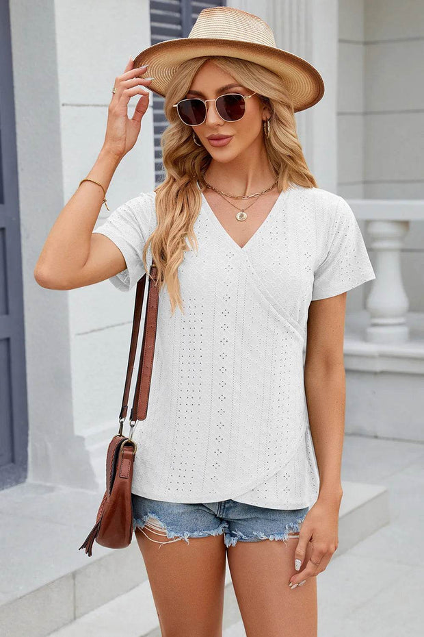 Solid color V-neck cross loose short sleeved T-shirt top for women - OFEBHS.PT