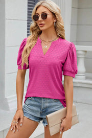 Solid color V-neck bubble sleeve short sleeved loose T-shirt top for women - OFEBHS.PT