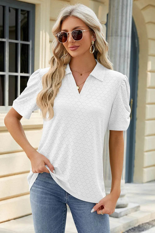 Spring and summer new solid color V-neck short sleeved loose T-shirt top for women - OFEBHS.PT