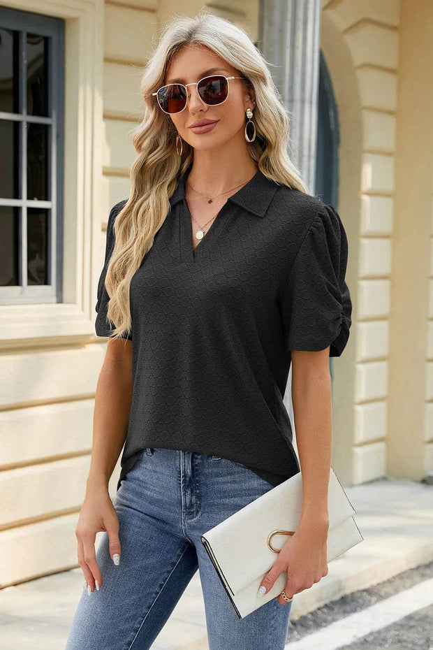Spring and summer new solid color V-neck short sleeved loose T-shirt top for women - OFEBHS.PT