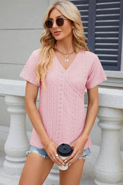 Solid color V-neck cross loose short sleeved T-shirt top for women - OFEBHS.PT