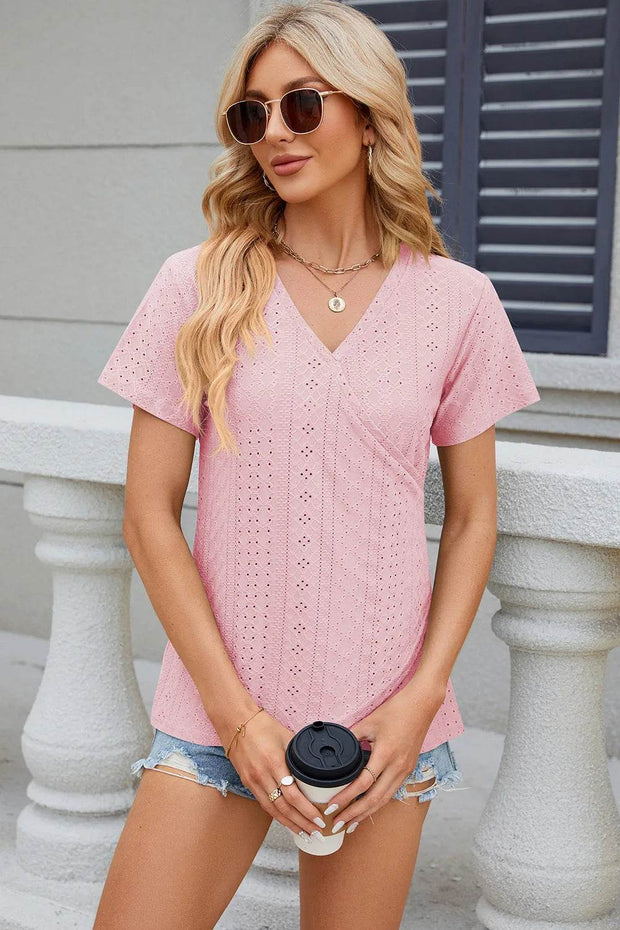 Solid color V-neck cross loose short sleeved T-shirt top for women - OFEBHS.PT