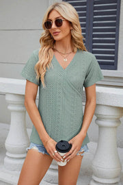 Solid color V-neck cross loose short sleeved T-shirt top for women - OFEBHS.PT