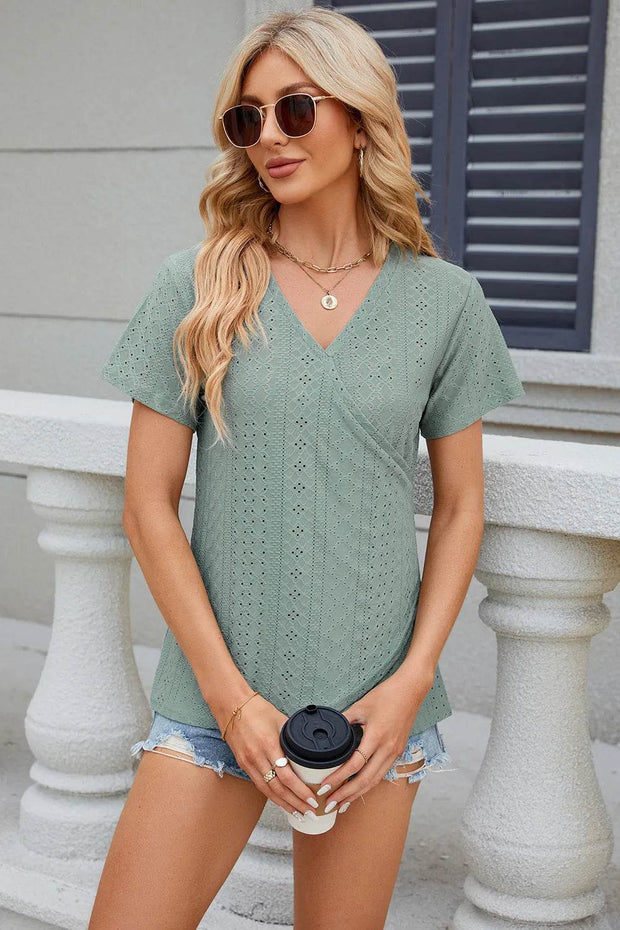 Solid color V-neck cross loose short sleeved T-shirt top for women - OFEBHS.PT