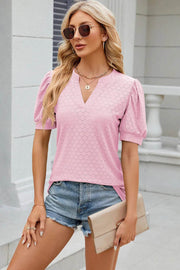 Solid color V-neck bubble sleeve short sleeved loose T-shirt top for women - OFEBHS.PT