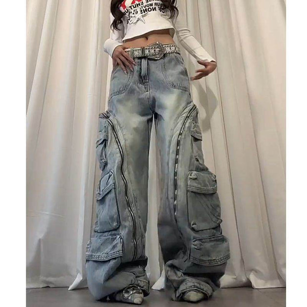 Washed multi pocket workwear jeans women's street straight leg loose wide leg pants - OFEBHS.PT