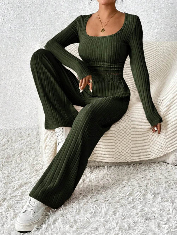Scoop Neck Long Sleeve Top and Pants Set - OFEBHS.PT