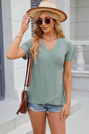 Solid color V-neck cross loose short sleeved T-shirt top for women - OFEBHS.PT