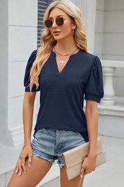 Solid color V-neck bubble sleeve short sleeved loose T-shirt top for women - OFEBHS.PT