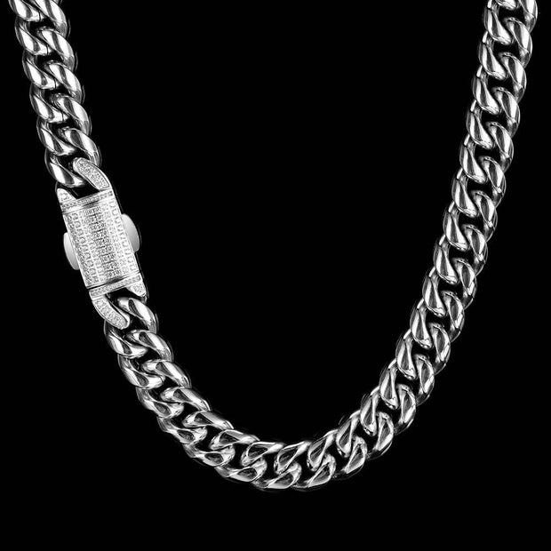 Hip Hop 12mm Micro Set Spring Snap Stainless Steel Necklace Bracelet