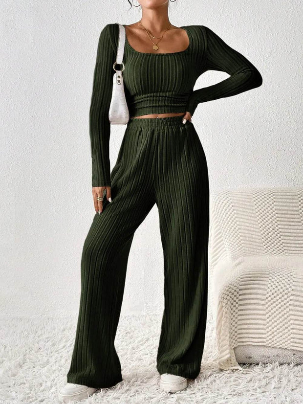 Scoop Neck Long Sleeve Top and Pants Set - OFEBHS.PT