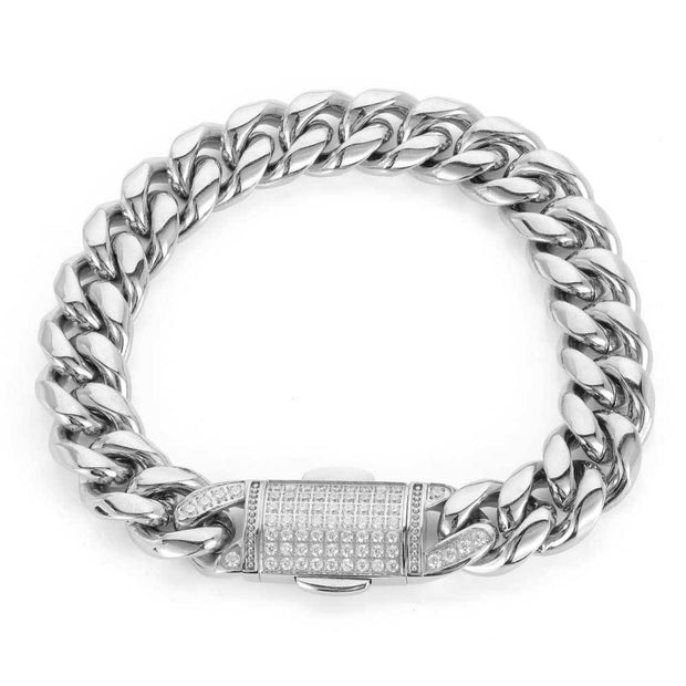 Hip Hop 12mm Micro Set Spring Snap Stainless Steel Necklace Bracelet