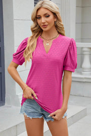Solid color V-neck bubble sleeve short sleeved loose T-shirt top for women - OFEBHS.PT