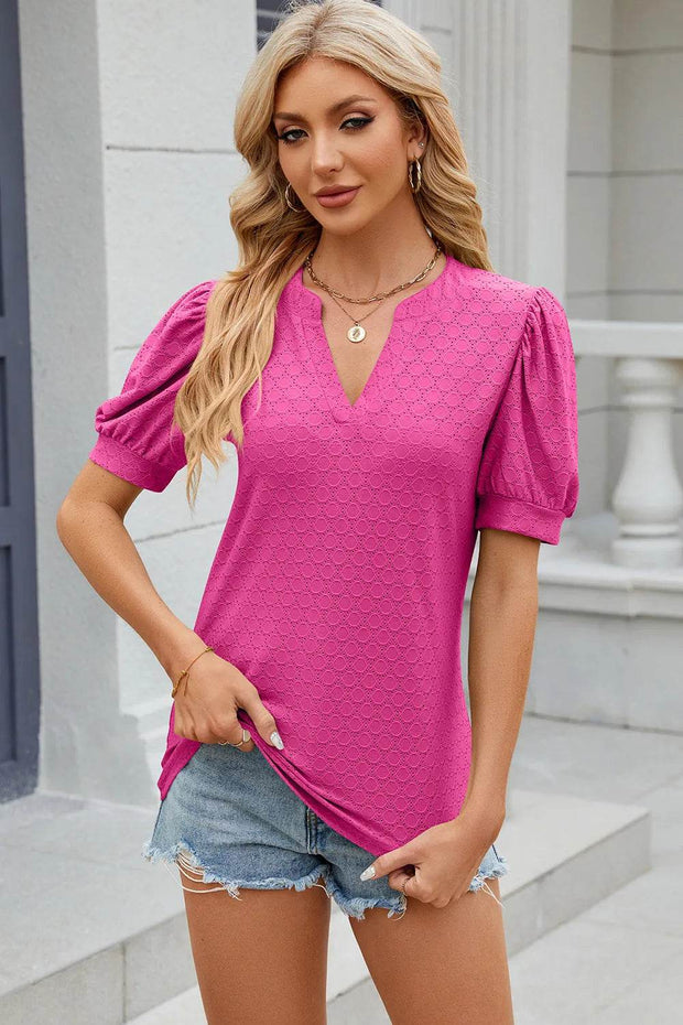 Solid color V-neck bubble sleeve short sleeved loose T-shirt top for women - OFEBHS.PT