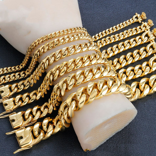 Titanium Steel Golden Encryption Round Grinding Faucet Buckle Cuban Chain