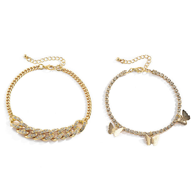 European And American Cross-Border Jewelry, Retro Fashion Micro-Inlaid Feet, Women'S Simple Cuban Buckle Full Diamond Butterfly Tassel Anklet