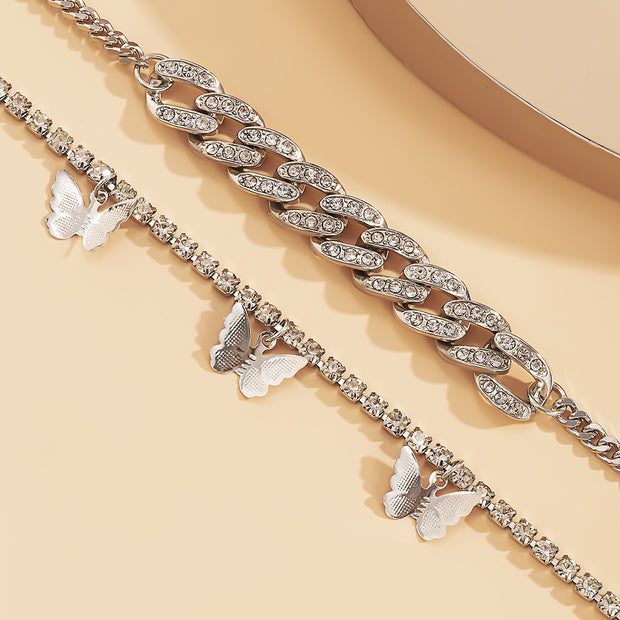 European And American Cross-Border Jewelry, Retro Fashion Micro-Inlaid Feet, Women'S Simple Cuban Buckle Full Diamond Butterfly Tassel Anklet