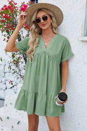 Spring and summer new solid color V-neck loose pleated dress for women - OFEBHS.PT