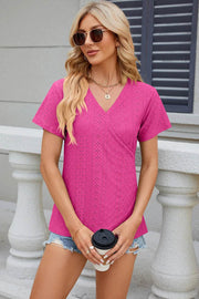 Solid color V-neck cross loose short sleeved T-shirt top for women - OFEBHS.PT