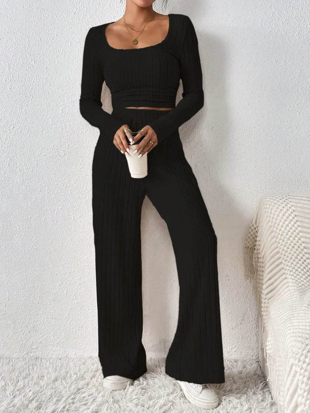 Scoop Neck Long Sleeve Top and Pants Set - OFEBHS.PT