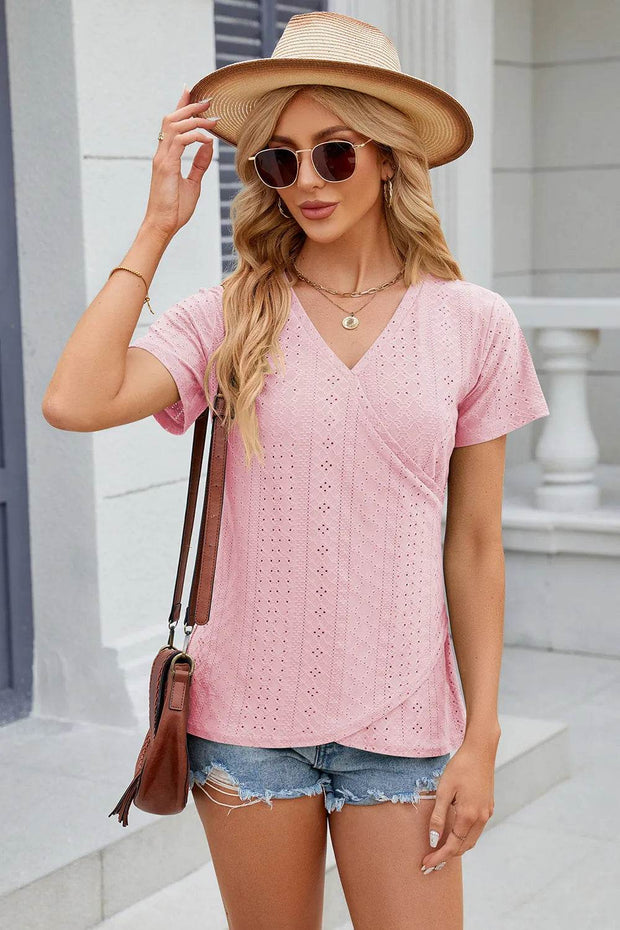 Solid color V-neck cross loose short sleeved T-shirt top for women - OFEBHS.PT