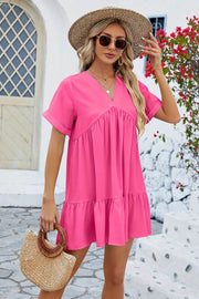 Spring and summer new solid color V-neck loose pleated dress for women - OFEBHS.PT