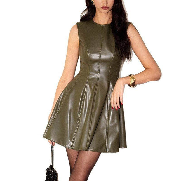 Round Neck Sleeveless Waist A- Line Skirt Vest Dress - OFEBHS.PT