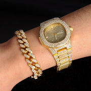 Cuban Chain Necklace Bracelet Watch Set