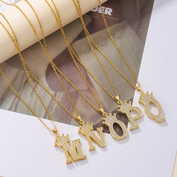 1PCS Fashionable Gold Diamond Crown Uppercase Letter Popular Pendant Necklace Suitable For Daily Use Festivals Parties Gifts Jewelry Set - OFEBHS.PT