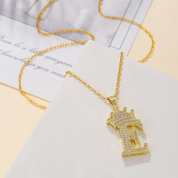 1PCS Fashionable Gold Diamond Crown Uppercase Letter Popular Pendant Necklace Suitable For Daily Use Festivals Parties Gifts Jewelry Set - OFEBHS.PT