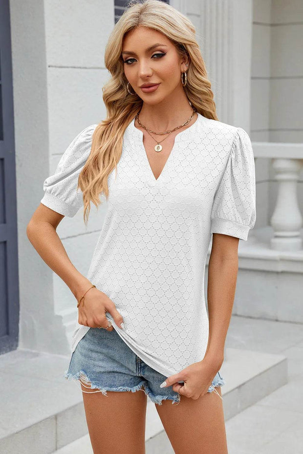 Solid color V-neck bubble sleeve short sleeved loose T-shirt top for women - OFEBHS.PT