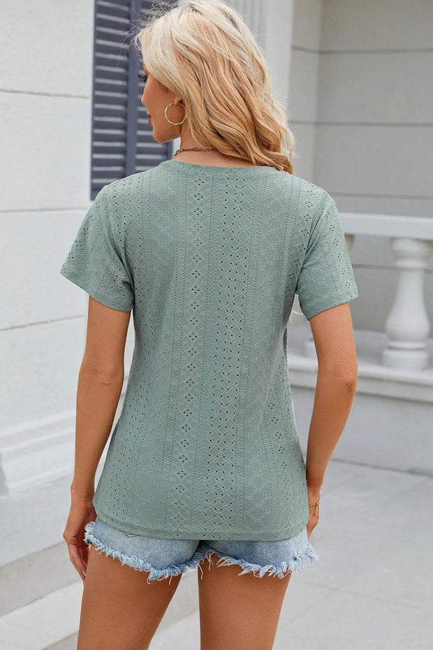 Solid color V-neck cross loose short sleeved T-shirt top for women - OFEBHS.PT