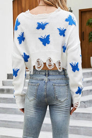 Spring V-neck ripped hole sexy exposed navel knitted sweater for women - OFEBHS.PT