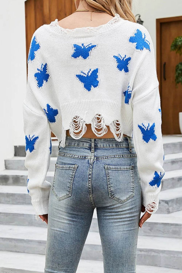 Spring V-neck ripped hole sexy exposed navel knitted sweater for women - OFEBHS.PT