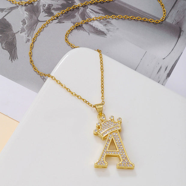 1PCS Fashionable Gold Diamond Crown Uppercase Letter Popular Pendant Necklace Suitable For Daily Use Festivals Parties Gifts Jewelry Set - OFEBHS.PT