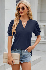 Solid color V-neck bubble sleeve short sleeved loose T-shirt top for women - OFEBHS.PT