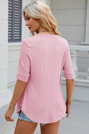 Spring/Summer New Solid Color Square Collar Splicing Button Mid Sleeve T-shirt for Women - OFEBHS.PT