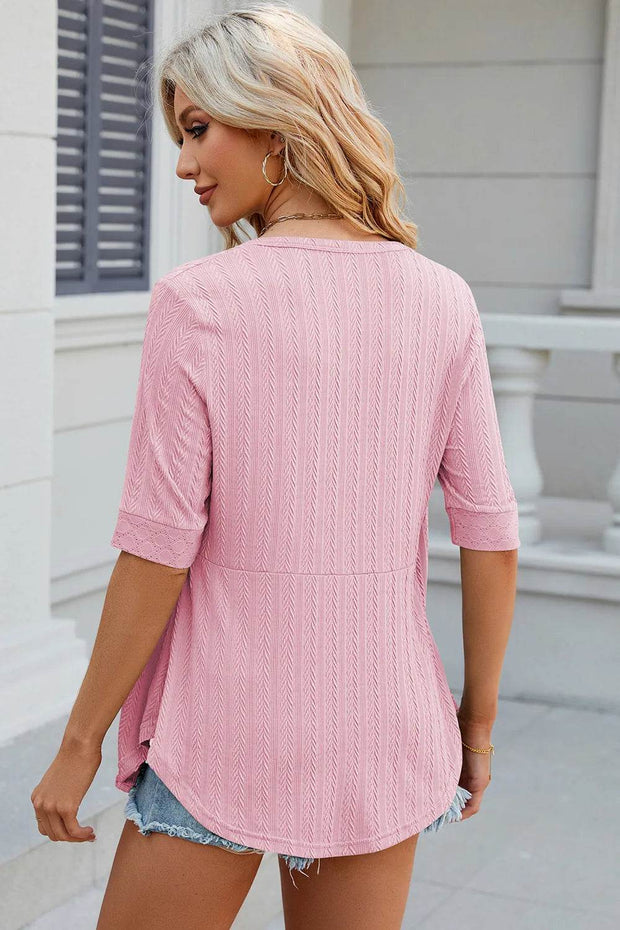 Spring/Summer New Solid Color Square Collar Splicing Button Mid Sleeve T-shirt for Women - OFEBHS.PT