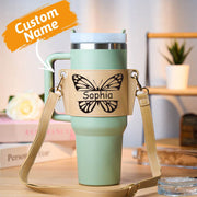Personalized Butterfly Water Bottle Carrier Bag for 40oz Stanley Tumbler with Adjustable Strap Gift for Women - OFEBHS.PT