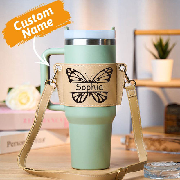 Personalized Butterfly Water Bottle Carrier Bag for 40oz Stanley Tumbler with Adjustable Strap Gift for Women - OFEBHS.PT
