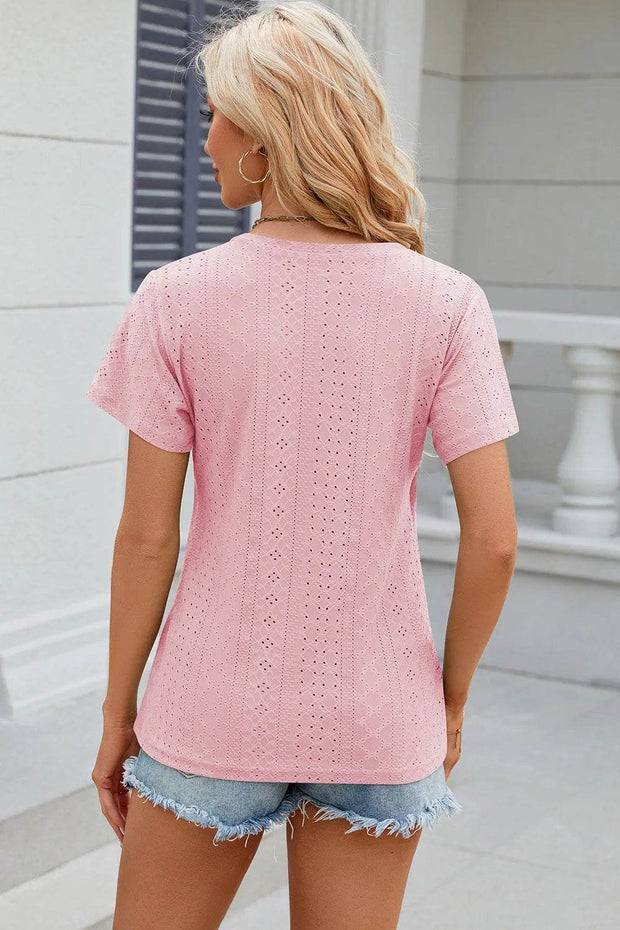Solid color V-neck cross loose short sleeved T-shirt top for women - OFEBHS.PT