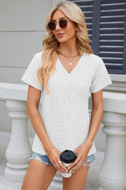 Solid color V-neck cross loose short sleeved T-shirt top for women - OFEBHS.PT