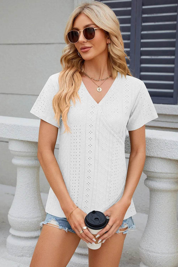 Solid color V-neck cross loose short sleeved T-shirt top for women - OFEBHS.PT