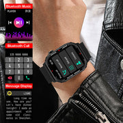 Bluetooth sports smartwatch displaying music and call features on a 1.85-inch touch screen.