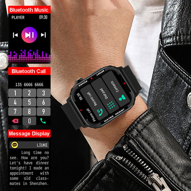 Bluetooth sports smartwatch displaying music and call features on a 1.85-inch touch screen.