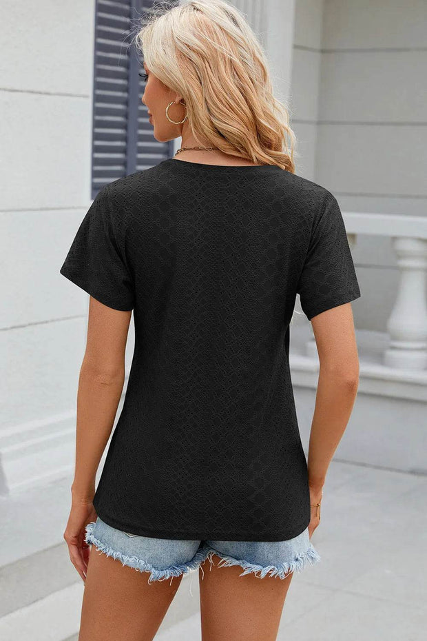 Solid color V-neck cross loose short sleeved T-shirt top for women - OFEBHS.PT