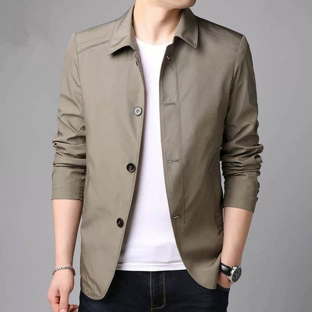 Men Jacket Elegant Men's Mid Length Business Jacket with Turn-down Collar Single-breasted Design for Fall Spring Seasons - OFEBHS.PT